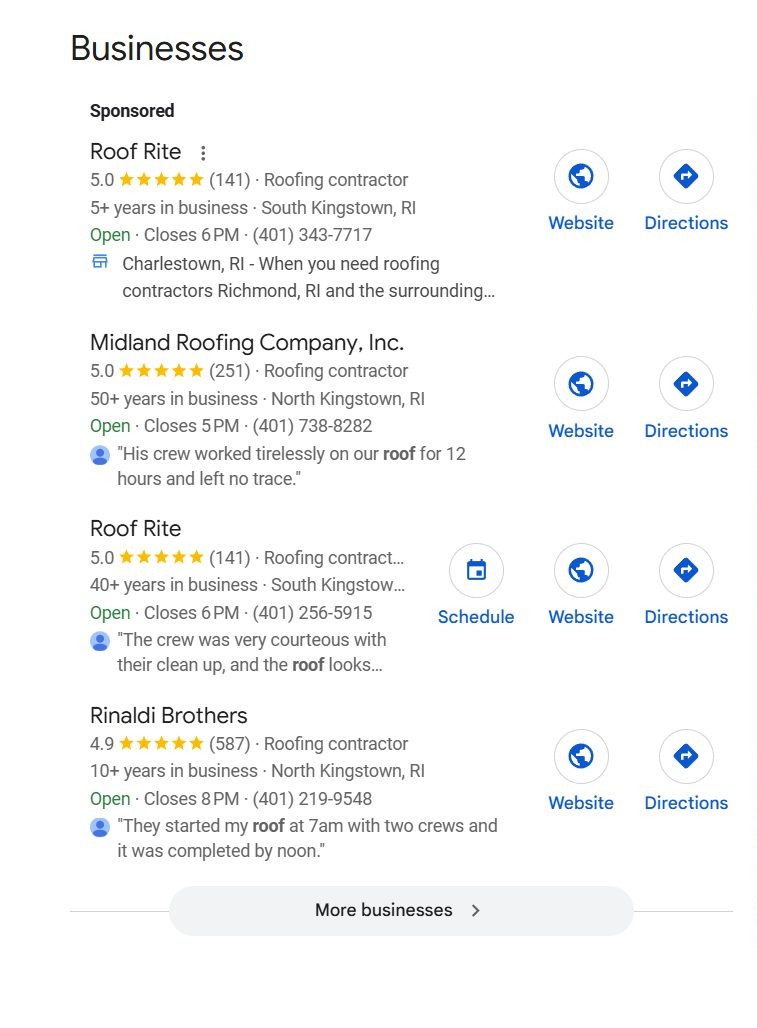 The listings side of a real Google results page for the search roofer near me in Rhode Island: a sponsored roofing listing at the top, then three more roofing companies, each with a star rating, a review count, years in business, a town, opening hours, a phone number and Website and Directions buttons.
