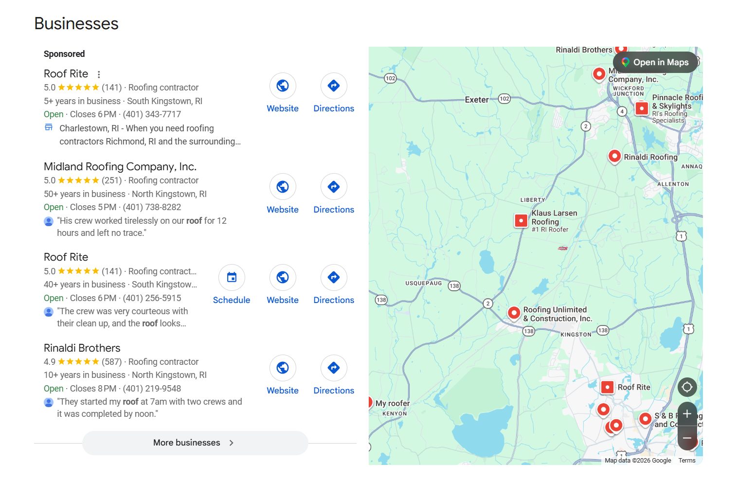 A real Google results page for the search roofer near me in Rhode Island. On the left, a list of roofing companies: a sponsored listing at the top, then three more, each with a star rating, a review count, a town, hours and a phone number. On the right, a map of southern Rhode Island with red pins marking each business.